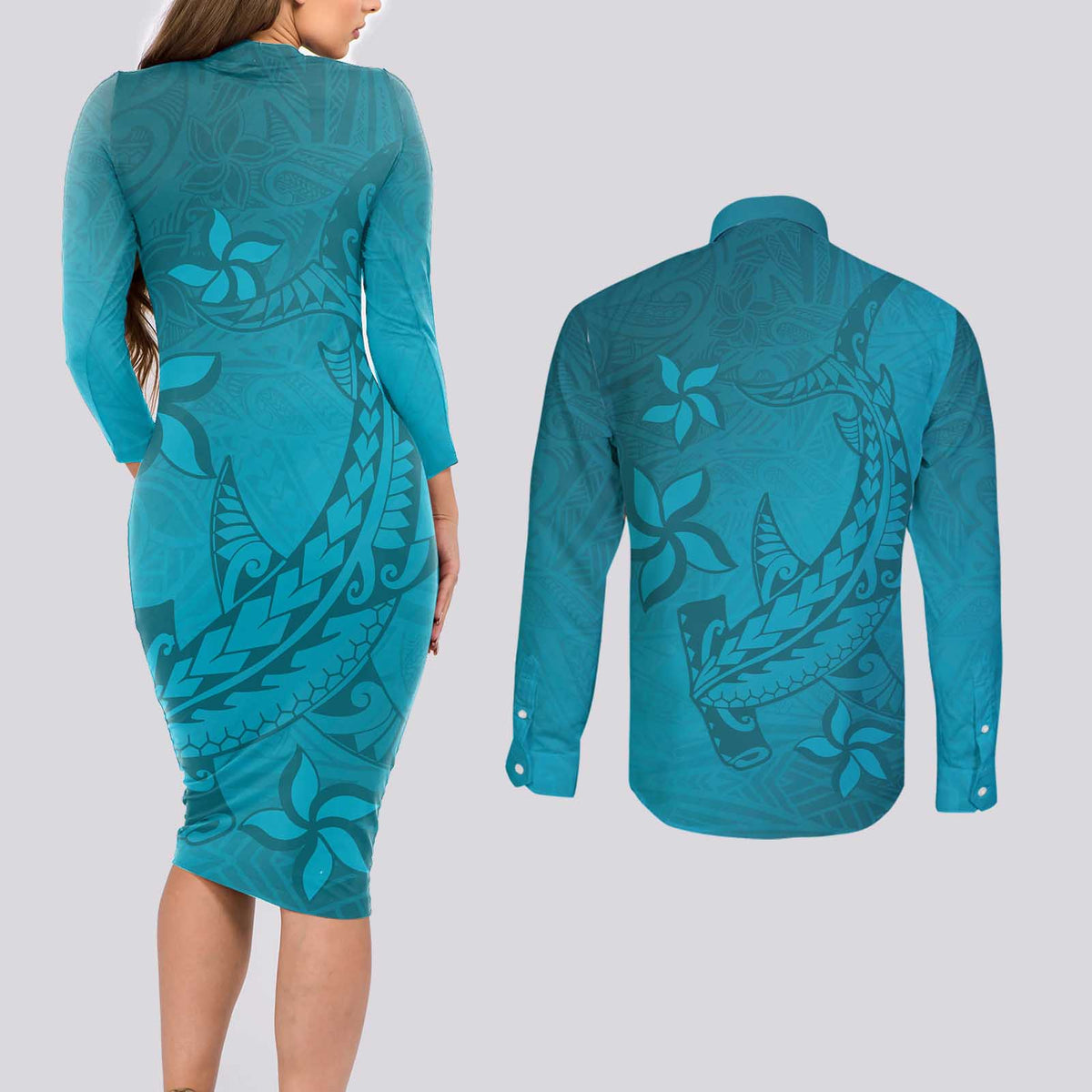 Dark Cyan Gradient Polynesia Couples Matching Long Sleeve Bodycon Dress and Long Sleeve Button Shirt Hawaiian Tribal Hammerhead Shark Tattoo LT14 - Polynesian Pride