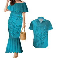 Dark Cyan Gradient Polynesia Couples Matching Mermaid Dress and Hawaiian Shirt Hawaiian Tribal Hammerhead Shark Tattoo LT14 Dark Cyan - Polynesian Pride