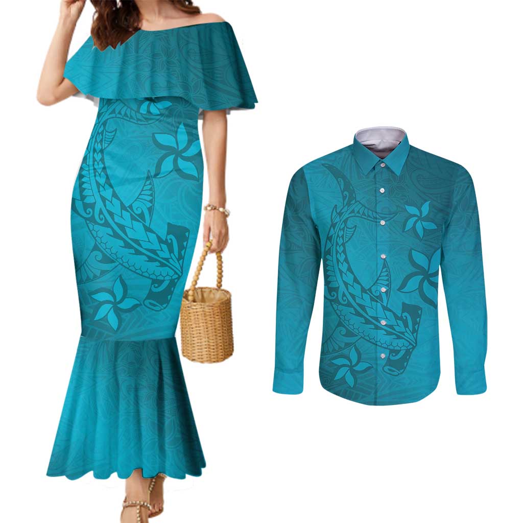 Dark Cyan Gradient Polynesia Couples Matching Mermaid Dress and Long Sleeve Button Shirt Hawaiian Tribal Hammerhead Shark Tattoo