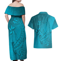 Dark Cyan Gradient Polynesia Couples Matching Off Shoulder Maxi Dress and Hawaiian Shirt Hawaiian Tribal Hammerhead Shark Tattoo LT14 - Polynesian Pride