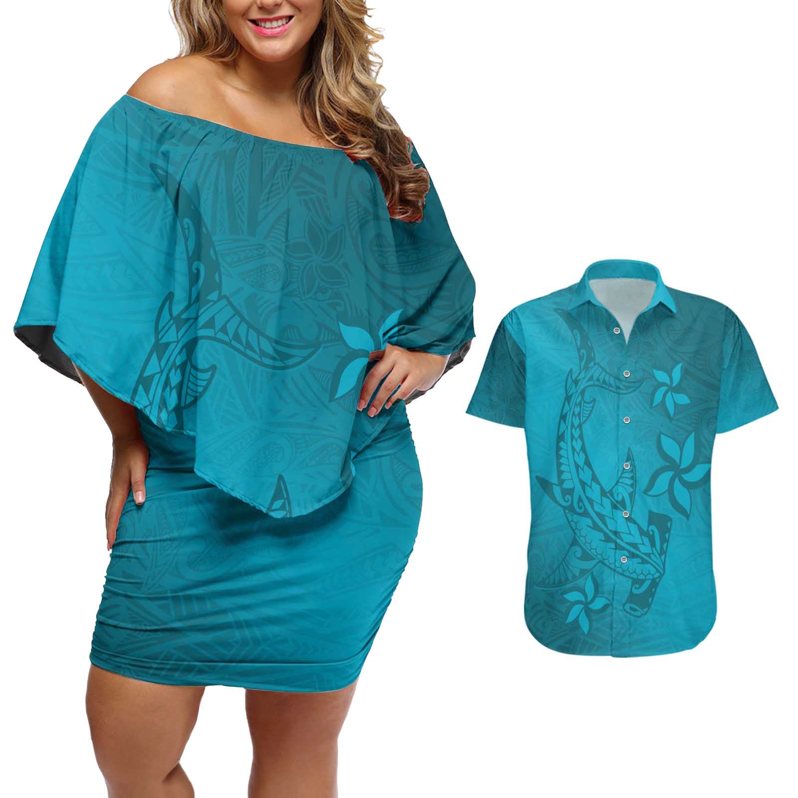 Dark Cyan Gradient Polynesia Couples Matching Off Shoulder Short Dress and Hawaiian Shirt Hawaiian Tribal Hammerhead Shark Tattoo