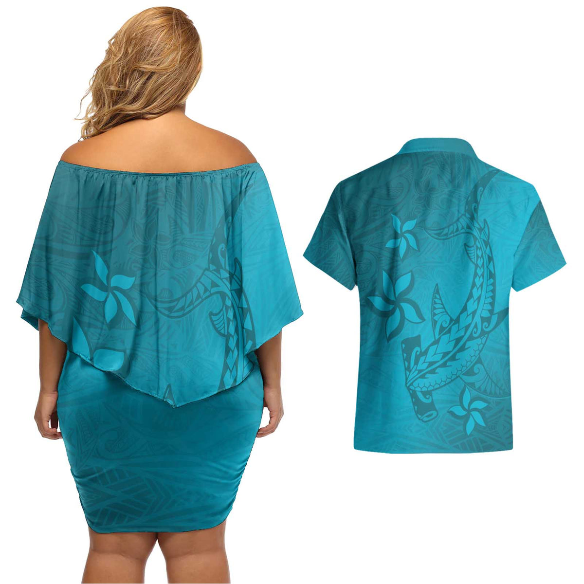 Dark Cyan Gradient Polynesia Couples Matching Off Shoulder Short Dress and Hawaiian Shirt Hawaiian Tribal Hammerhead Shark Tattoo LT14 - Polynesian Pride