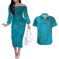 Dark Cyan Gradient Polynesia Couples Matching Off The Shoulder Long Sleeve Dress and Hawaiian Shirt Hawaiian Tribal Hammerhead Shark Tattoo LT14 Dark Cyan - Polynesian Pride