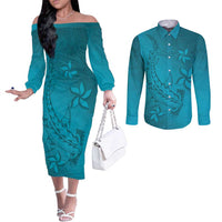 Dark Cyan Gradient Polynesia Couples Matching Off The Shoulder Long Sleeve Dress and Long Sleeve Button Shirt Hawaiian Tribal Hammerhead Shark Tattoo LT14 Dark Cyan - Polynesian Pride