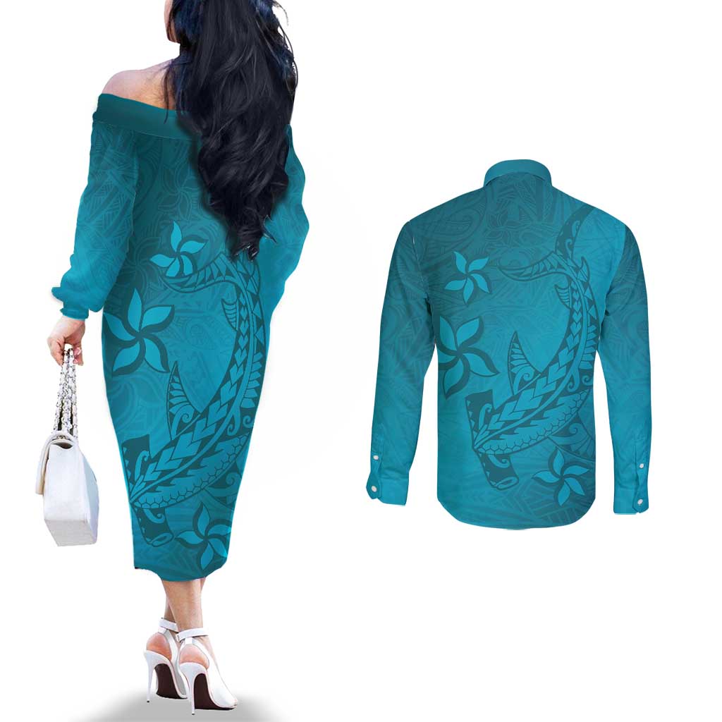 Dark Cyan Gradient Polynesia Couples Matching Off The Shoulder Long Sleeve Dress and Long Sleeve Button Shirt Hawaiian Tribal Hammerhead Shark Tattoo LT14 - Polynesian Pride