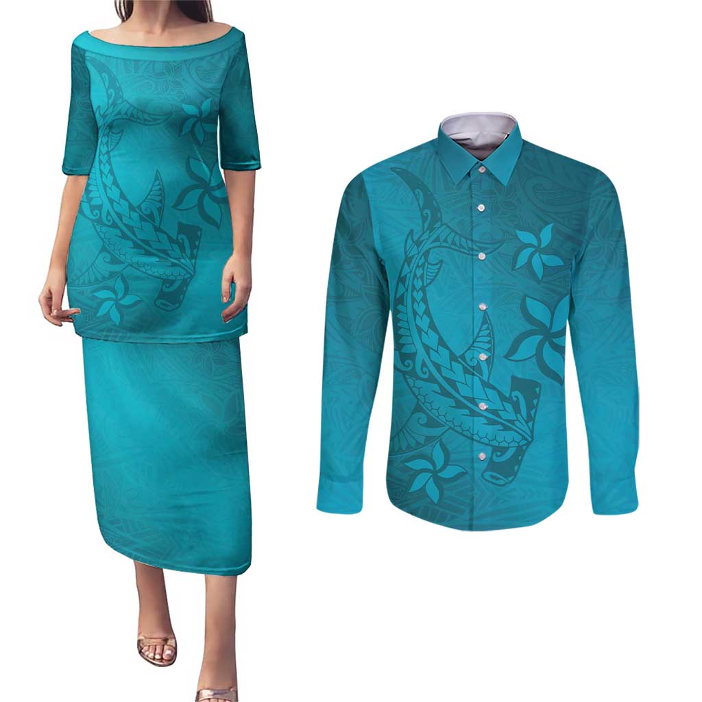 Dark Cyan Gradient Polynesia Couples Matching Puletasi and Long Sleeve Button Shirt Hawaiian Tribal Hammerhead Shark Tattoo LT14 Dark Cyan - Polynesian Pride