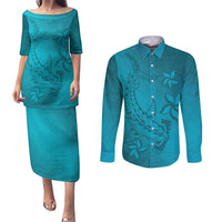 Dark Cyan Gradient Polynesia Couples Matching Puletasi and Long Sleeve Button Shirt Hawaiian Tribal Hammerhead Shark Tattoo LT14 Dark Cyan - Polynesian Pride