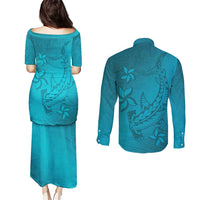 Dark Cyan Gradient Polynesia Couples Matching Puletasi and Long Sleeve Button Shirt Hawaiian Tribal Hammerhead Shark Tattoo LT14 - Polynesian Pride