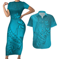 Dark Cyan Gradient Polynesia Couples Matching Short Sleeve Bodycon Dress and Hawaiian Shirt Hawaiian Tribal Hammerhead Shark Tattoo LT14 Dark Cyan - Polynesian Pride