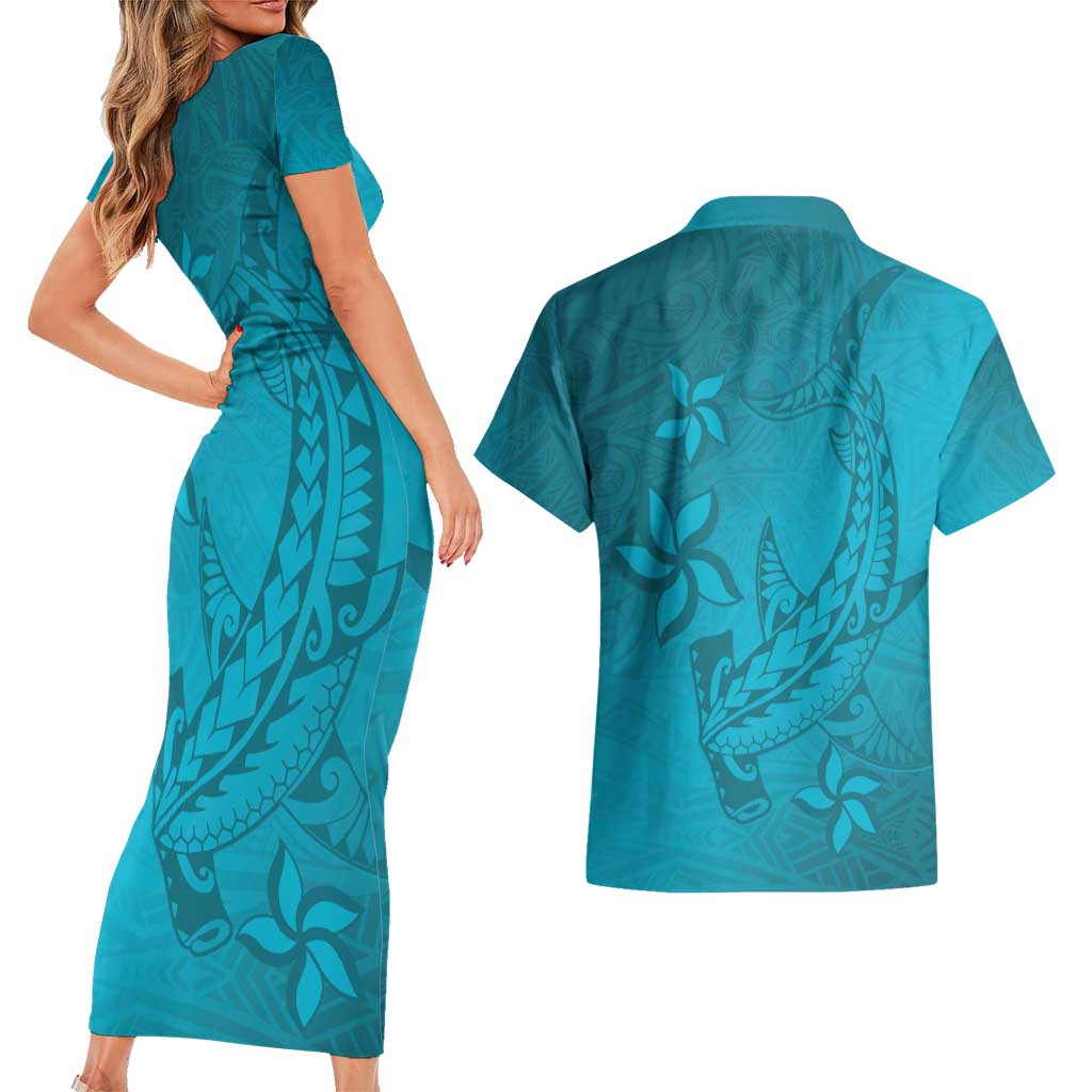 Dark Cyan Gradient Polynesia Couples Matching Short Sleeve Bodycon Dress and Hawaiian Shirt Hawaiian Tribal Hammerhead Shark Tattoo LT14 - Polynesian Pride