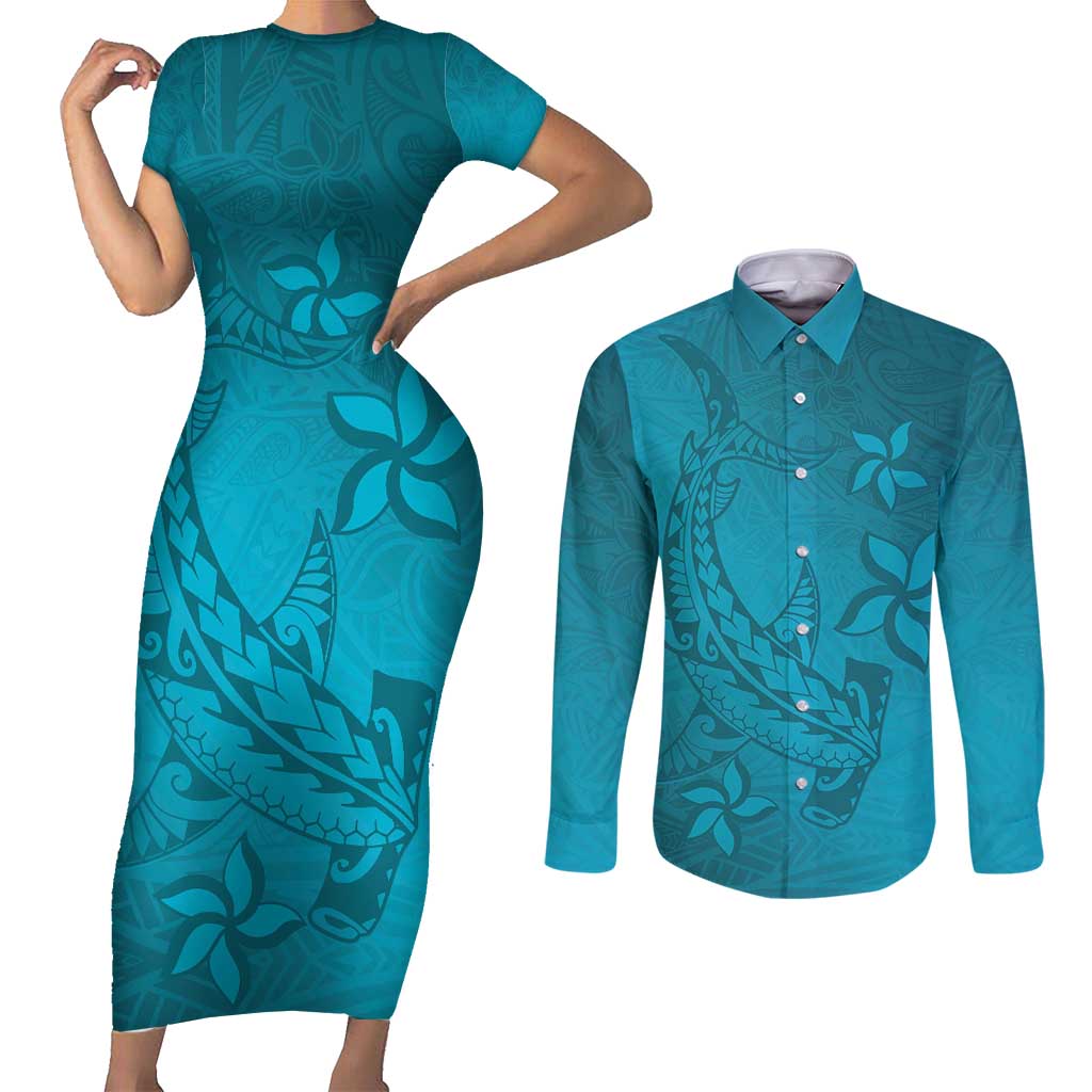 Dark Cyan Gradient Polynesia Couples Matching Short Sleeve Bodycon Dress and Long Sleeve Button Shirt Hawaiian Tribal Hammerhead Shark Tattoo
