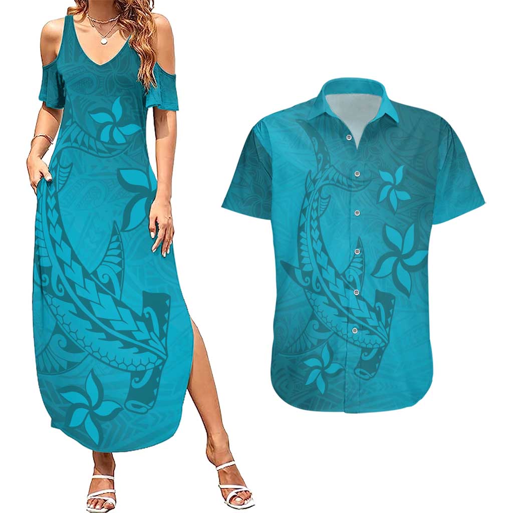 Dark Cyan Gradient Polynesia Couples Matching Summer Maxi Dress and Hawaiian Shirt Hawaiian Tribal Hammerhead Shark Tattoo LT14 Dark Cyan - Polynesian Pride