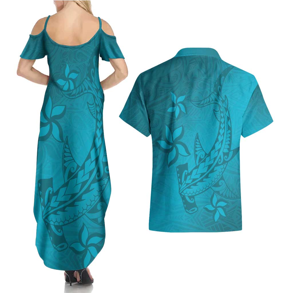 Dark Cyan Gradient Polynesia Couples Matching Summer Maxi Dress and Hawaiian Shirt Hawaiian Tribal Hammerhead Shark Tattoo LT14 - Polynesian Pride