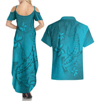 Dark Cyan Gradient Polynesia Couples Matching Summer Maxi Dress and Hawaiian Shirt Hawaiian Tribal Hammerhead Shark Tattoo LT14 - Polynesian Pride