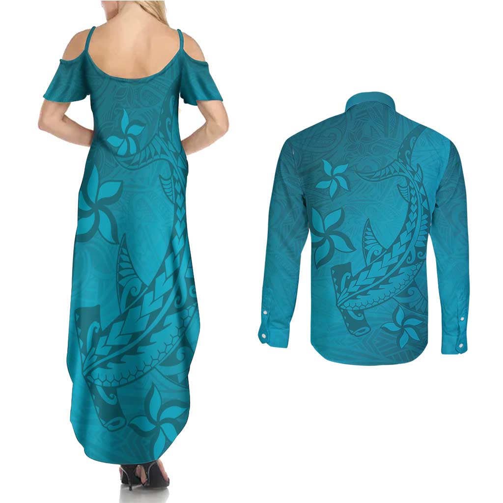 Dark Cyan Gradient Polynesia Couples Matching Summer Maxi Dress and Long Sleeve Button Shirt Hawaiian Tribal Hammerhead Shark Tattoo