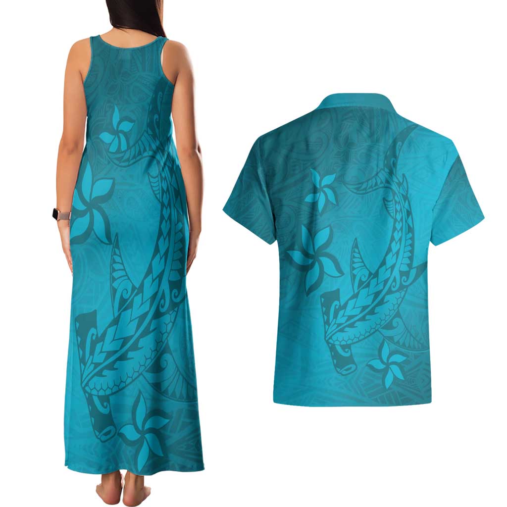 Dark Cyan Gradient Polynesia Couples Matching Tank Maxi Dress and Hawaiian Shirt Hawaiian Tribal Hammerhead Shark Tattoo LT14 - Polynesian Pride