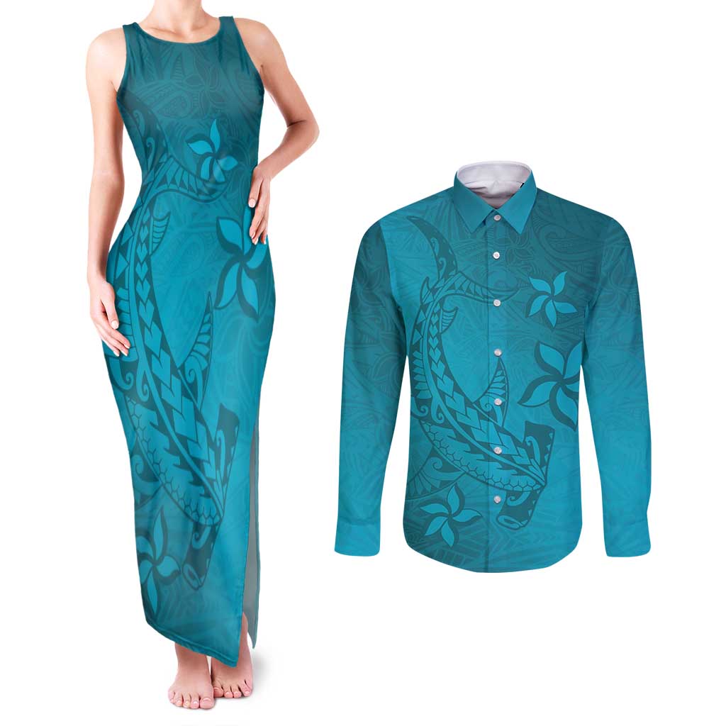 Dark Cyan Gradient Polynesia Couples Matching Tank Maxi Dress and Long Sleeve Button Shirt Hawaiian Tribal Hammerhead Shark Tattoo