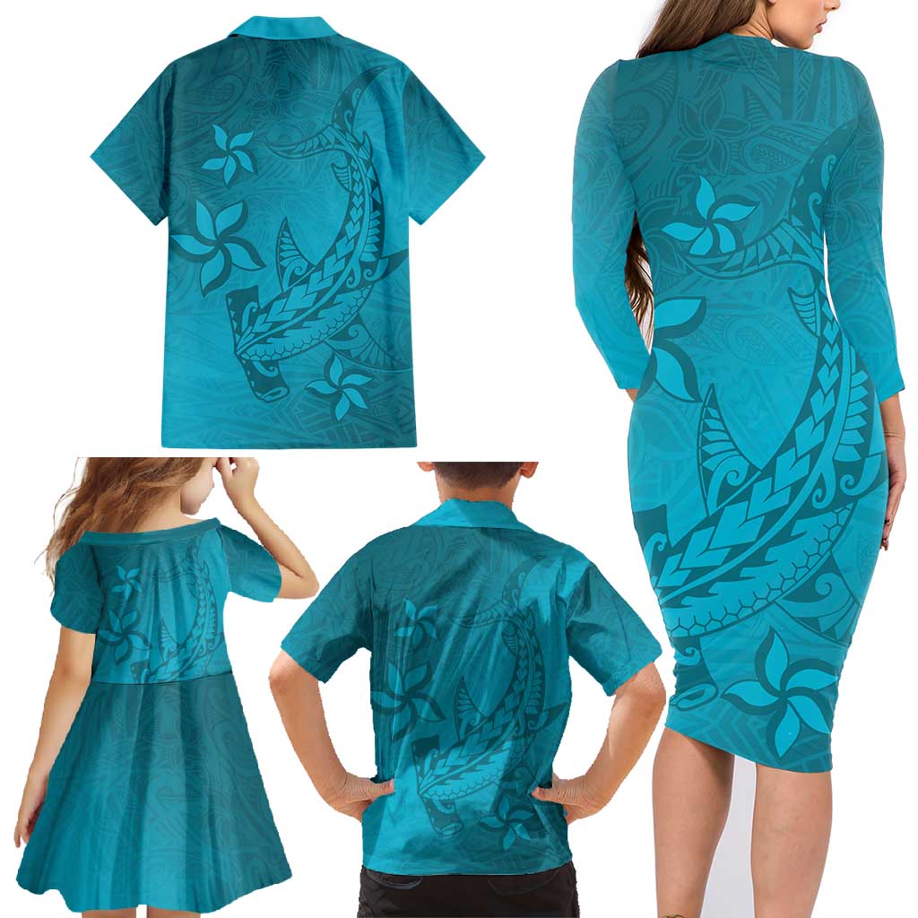 Dark Cyan Gradient Polynesia Family Matching Long Sleeve Bodycon Dress and Hawaiian Shirt Hawaiian Tribal Hammerhead Shark Tattoo LT14 - Polynesian Pride