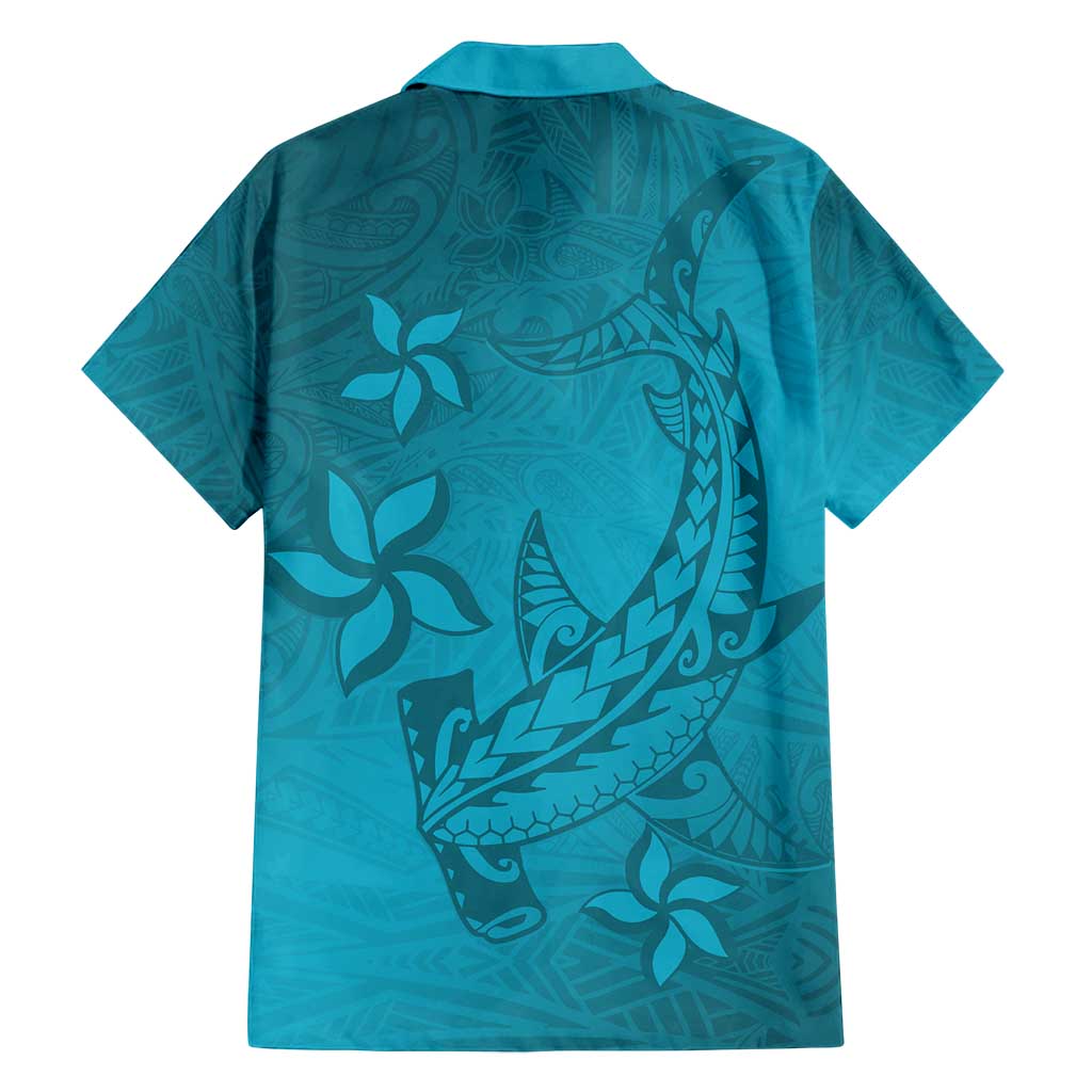 Dark Cyan Gradient Polynesia Family Matching Long Sleeve Bodycon Dress and Hawaiian Shirt Hawaiian Tribal Hammerhead Shark Tattoo LT14 - Polynesian Pride