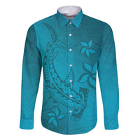 Dark Cyan Gradient Polynesia Family Matching Mermaid Dress and Hawaiian Shirt Hawaiian Tribal Hammerhead Shark Tattoo LT14 Dad's Shirt - Long Sleeve Dark Cyan - Polynesian Pride