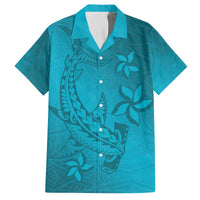 Dark Cyan Gradient Polynesia Family Matching Off The Shoulder Long Sleeve Dress and Hawaiian Shirt Hawaiian Tribal Hammerhead Shark Tattoo LT14 Dad's Shirt - Short Sleeve Dark Cyan - Polynesian Pride
