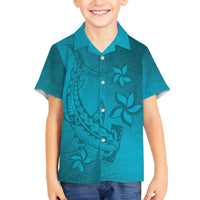 Dark Cyan Gradient Polynesia Family Matching Off The Shoulder Long Sleeve Dress and Hawaiian Shirt Hawaiian Tribal Hammerhead Shark Tattoo LT14 Son's Shirt Dark Cyan - Polynesian Pride