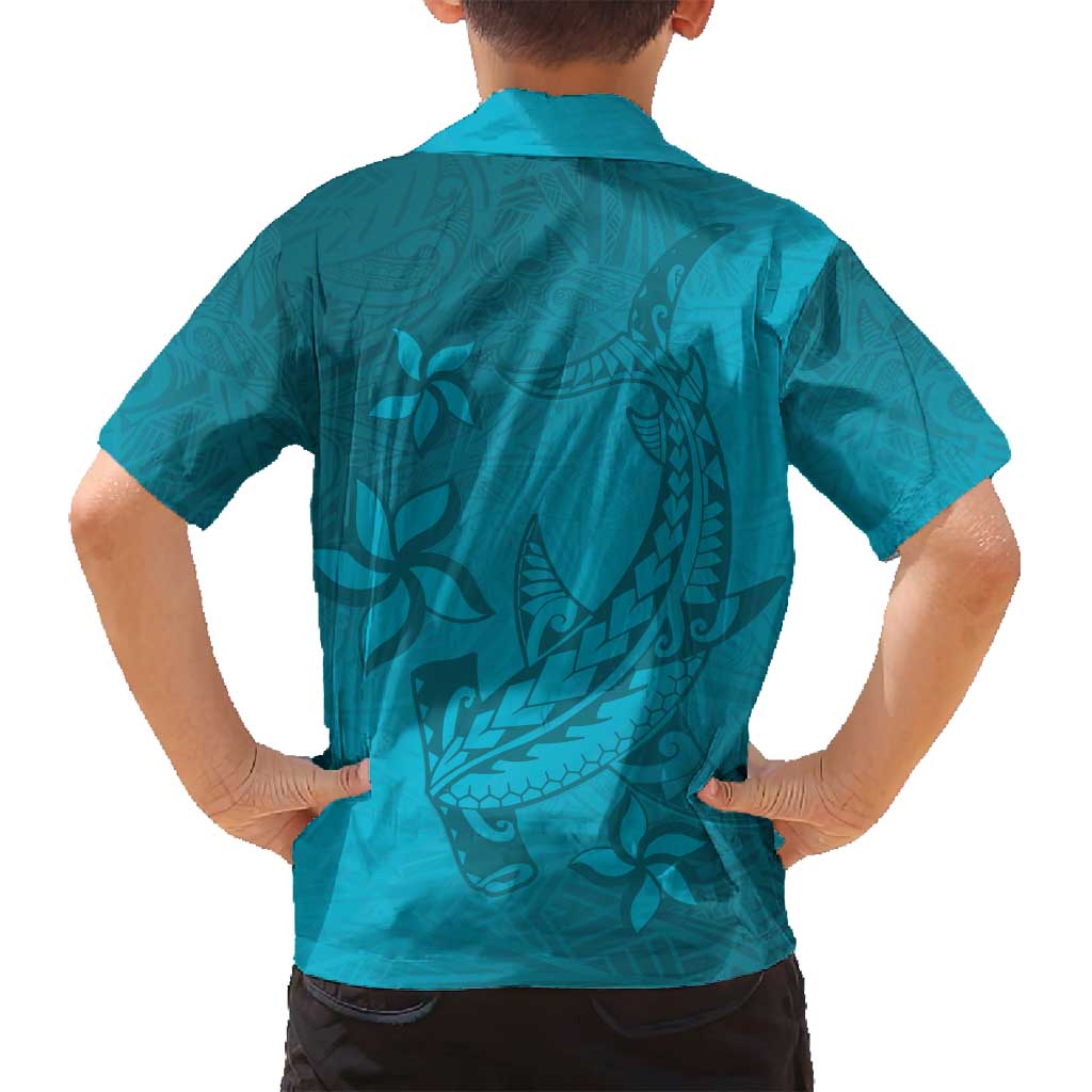 Dark Cyan Gradient Polynesia Family Matching Off Shoulder Maxi Dress and Hawaiian Shirt Hawaiian Tribal Hammerhead Shark Tattoo LT14 - Polynesian Pride