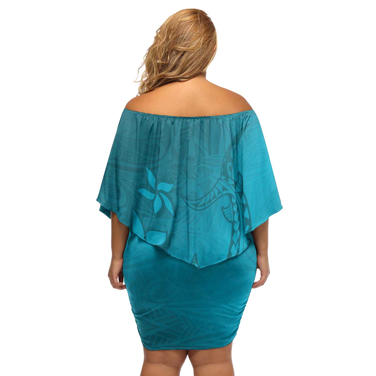 Dark Cyan Gradient Polynesia Family Matching Off Shoulder Short Dress and Hawaiian Shirt Hawaiian Tribal Hammerhead Shark Tattoo LT14 - Polynesian Pride