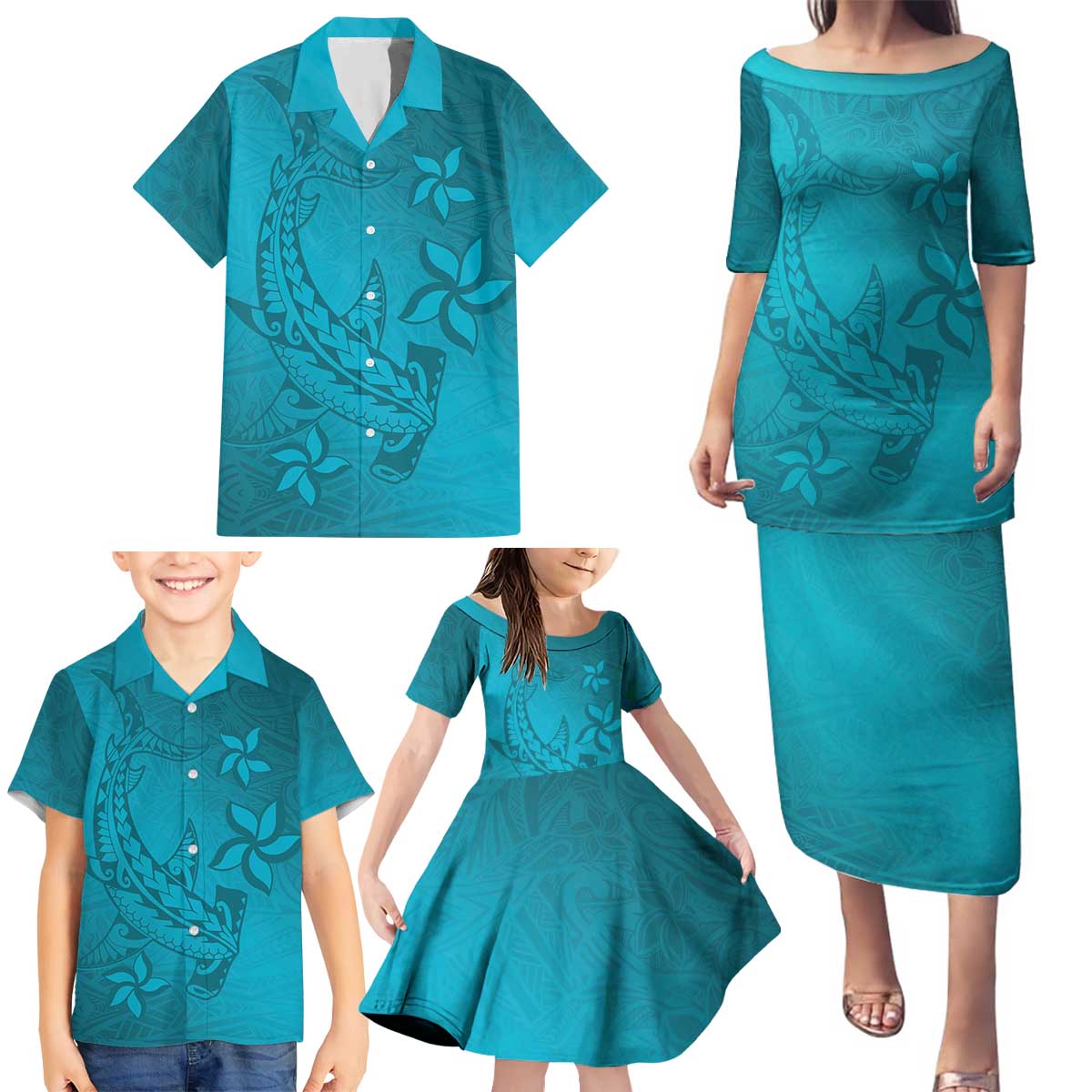 Dark Cyan Gradient Polynesia Family Matching Puletasi and Hawaiian Shirt Hawaiian Tribal Hammerhead Shark Tattoo LT14 - Polynesian Pride