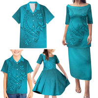 Dark Cyan Gradient Polynesia Family Matching Puletasi and Hawaiian Shirt Hawaiian Tribal Hammerhead Shark Tattoo LT14 - Polynesian Pride