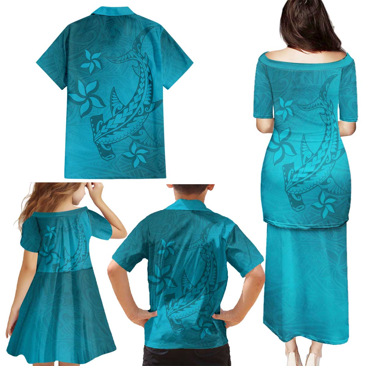 Dark Cyan Gradient Polynesia Family Matching Puletasi and Hawaiian Shirt Hawaiian Tribal Hammerhead Shark Tattoo LT14 - Polynesian Pride