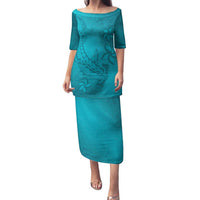 Dark Cyan Gradient Polynesia Family Matching Puletasi and Hawaiian Shirt Hawaiian Tribal Hammerhead Shark Tattoo LT14 Mom's Dress Dark Cyan - Polynesian Pride