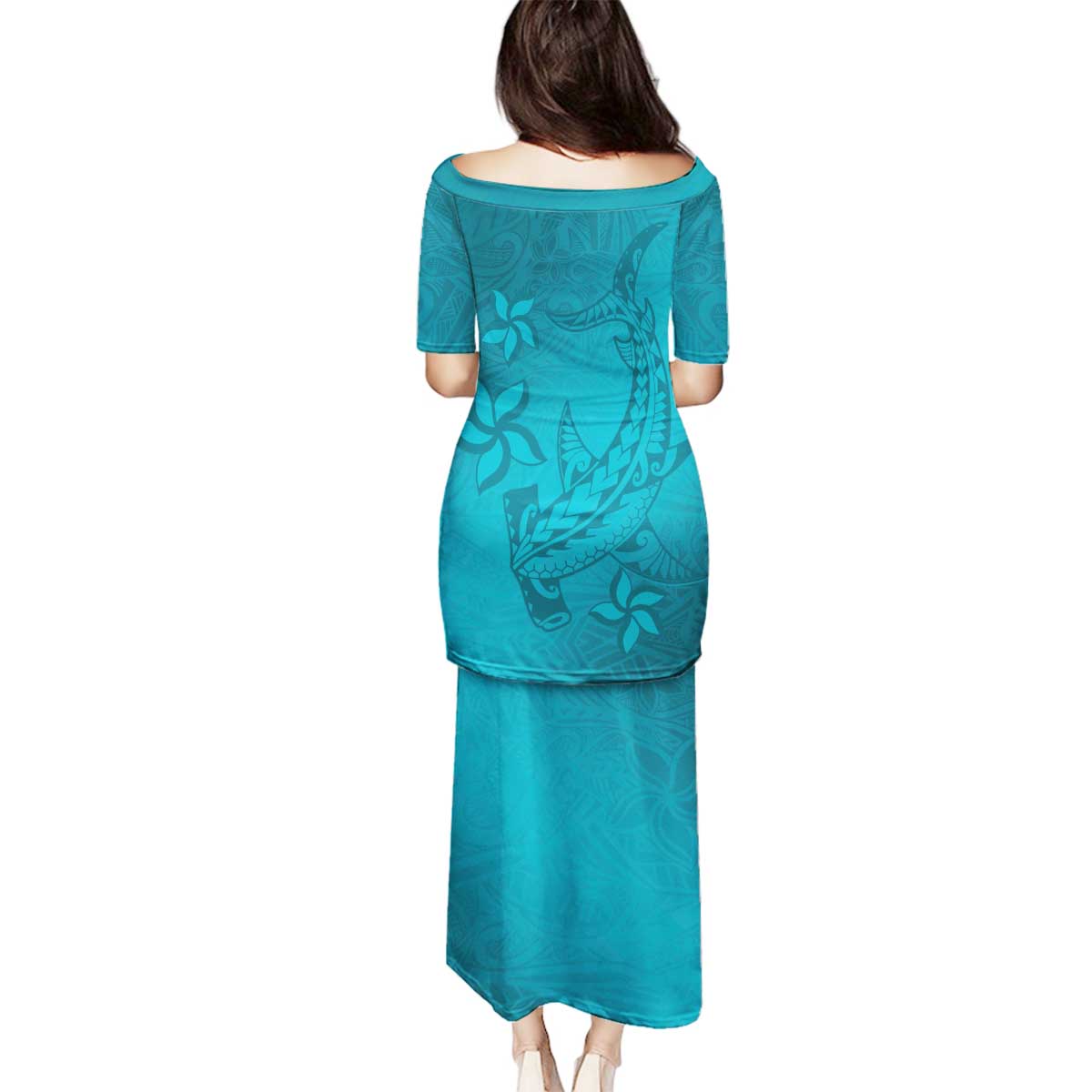 Dark Cyan Gradient Polynesia Family Matching Puletasi and Hawaiian Shirt Hawaiian Tribal Hammerhead Shark Tattoo LT14 - Polynesian Pride