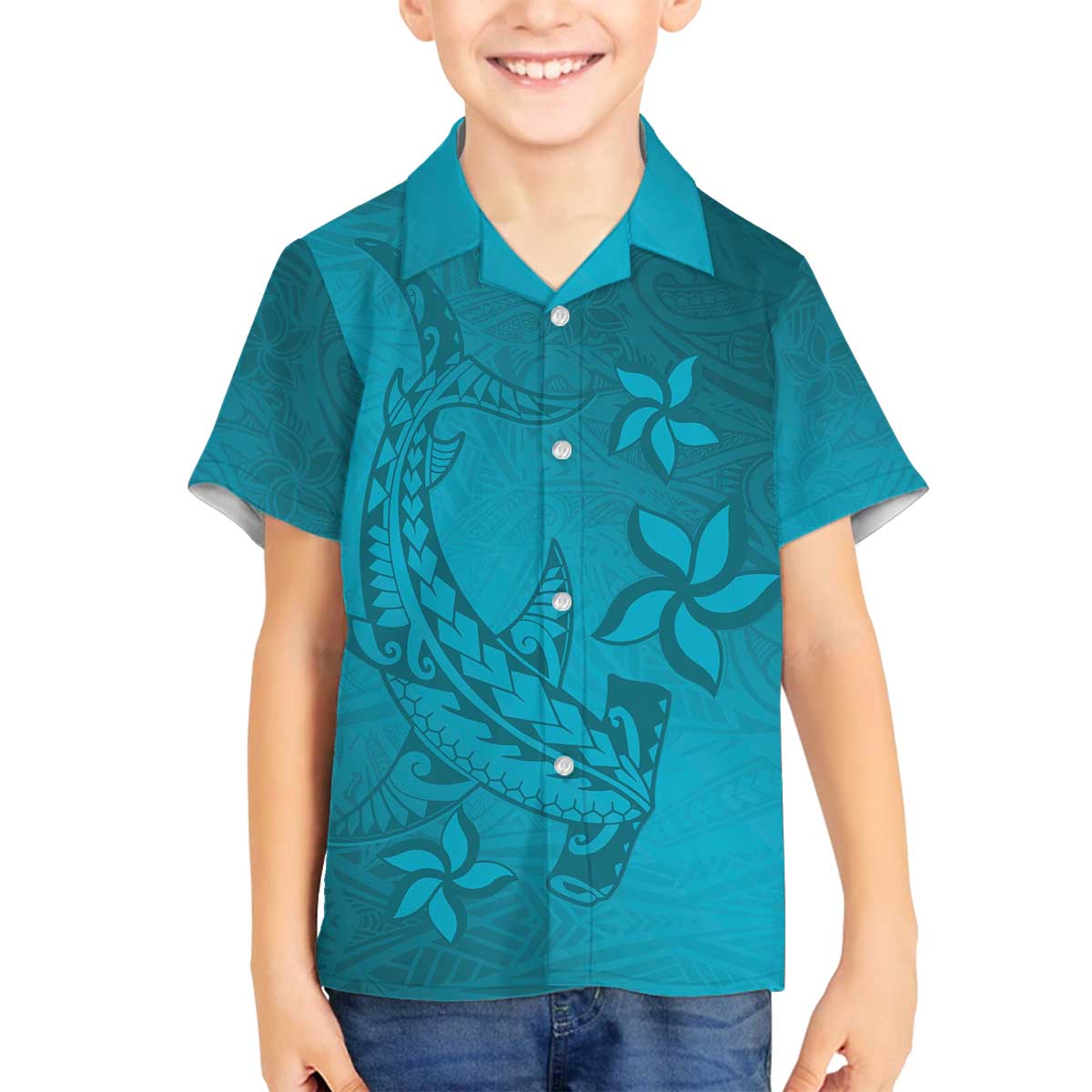 Dark Cyan Gradient Polynesia Family Matching Puletasi and Hawaiian Shirt Hawaiian Tribal Hammerhead Shark Tattoo LT14 Son's Shirt Dark Cyan - Polynesian Pride
