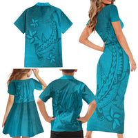 Dark Cyan Gradient Polynesia Family Matching Short Sleeve Bodycon Dress and Hawaiian Shirt Hawaiian Tribal Hammerhead Shark Tattoo LT14 - Polynesian Pride