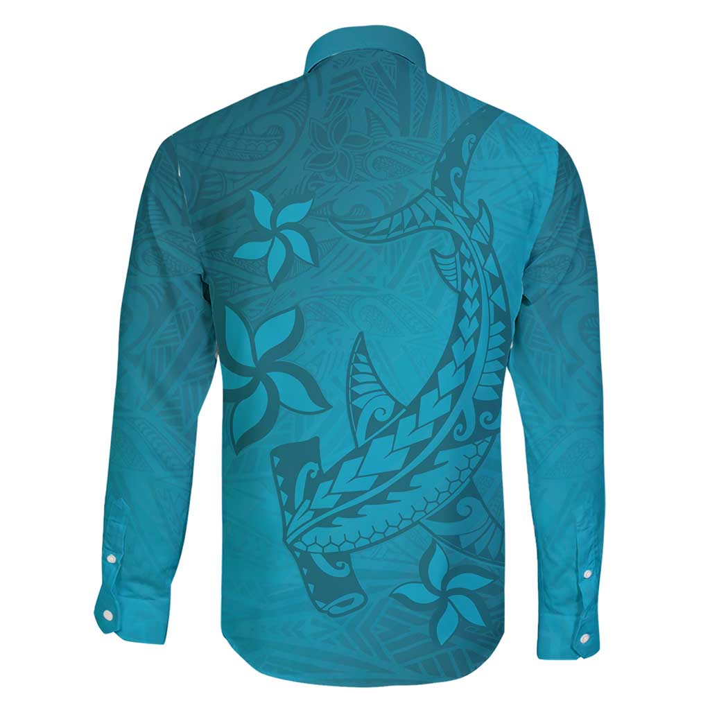 Dark Cyan Gradient Polynesia Family Matching Short Sleeve Bodycon Dress and Hawaiian Shirt Hawaiian Tribal Hammerhead Shark Tattoo LT14 - Polynesian Pride