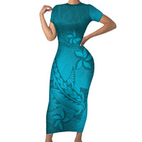 Dark Cyan Gradient Polynesia Family Matching Short Sleeve Bodycon Dress and Hawaiian Shirt Hawaiian Tribal Hammerhead Shark Tattoo LT14 Mom's Dress Dark Cyan - Polynesian Pride