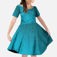 Dark Cyan Gradient Polynesia Family Matching Summer Maxi Dress and Hawaiian Shirt Hawaiian Tribal Hammerhead Shark Tattoo LT14 Daughter's Dress Dark Cyan - Polynesian Pride