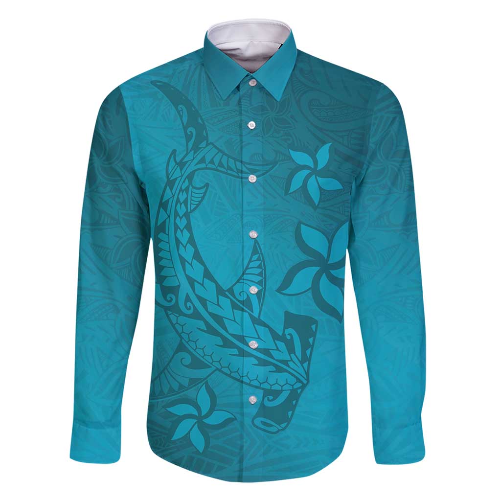 Dark Cyan Gradient Polynesia Family Matching Summer Maxi Dress and Hawaiian Shirt Hawaiian Tribal Hammerhead Shark Tattoo LT14 Dad's Shirt - Long Sleeve Dark Cyan - Polynesian Pride