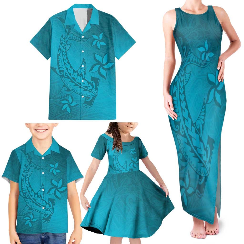 Dark Cyan Gradient Polynesia Family Matching Tank Maxi Dress and Hawaiian Shirt Hawaiian Tribal Hammerhead Shark Tattoo LT14 - Polynesian Pride