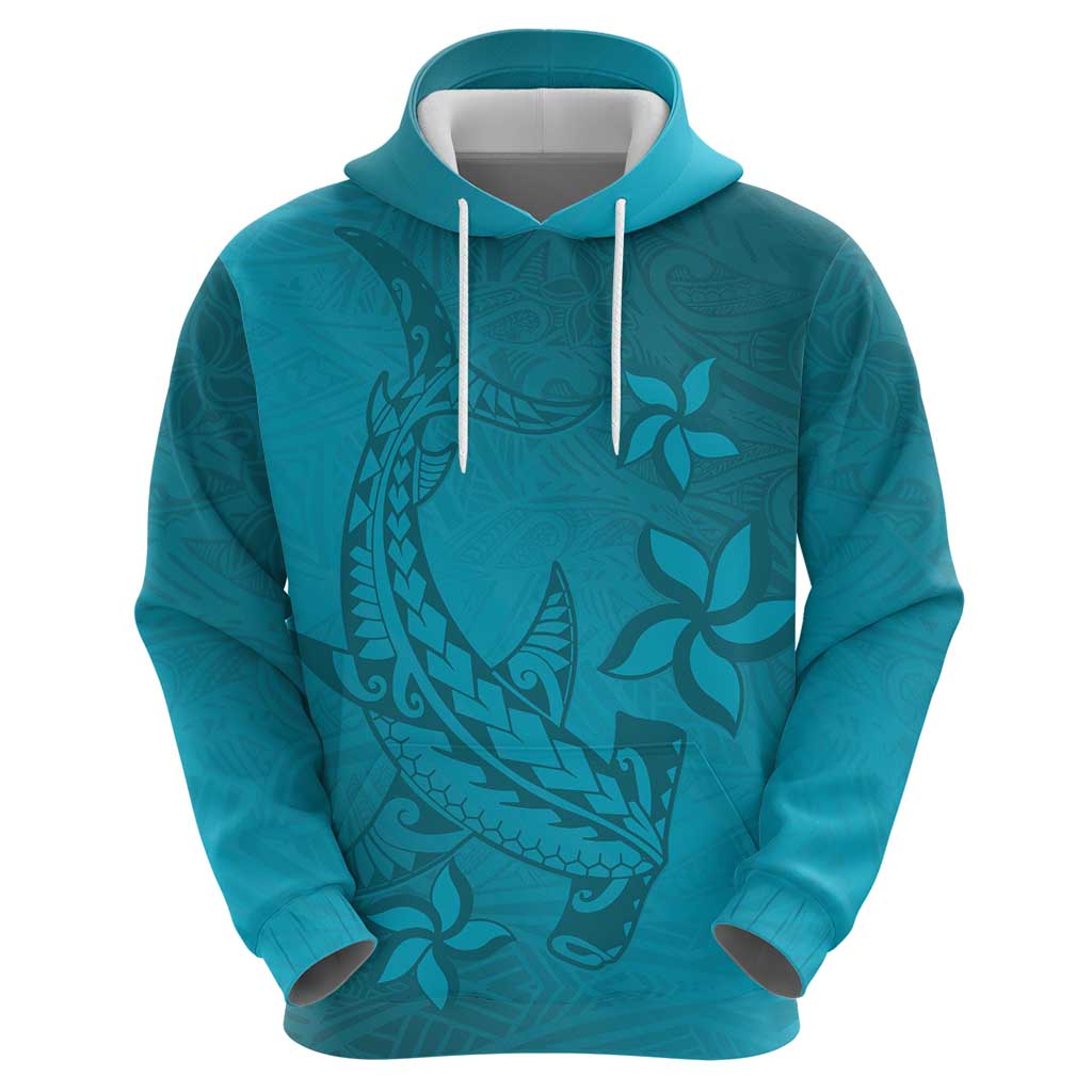 Dark Cyan Gradient Polynesia Hoodie Hawaiian Tribal Hammerhead Shark Tattoo