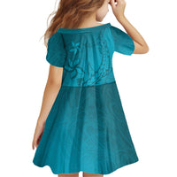 Dark Cyan Gradient Polynesia Kid Short Sleeve Dress Hawaiian Tribal Hammerhead Shark Tattoo