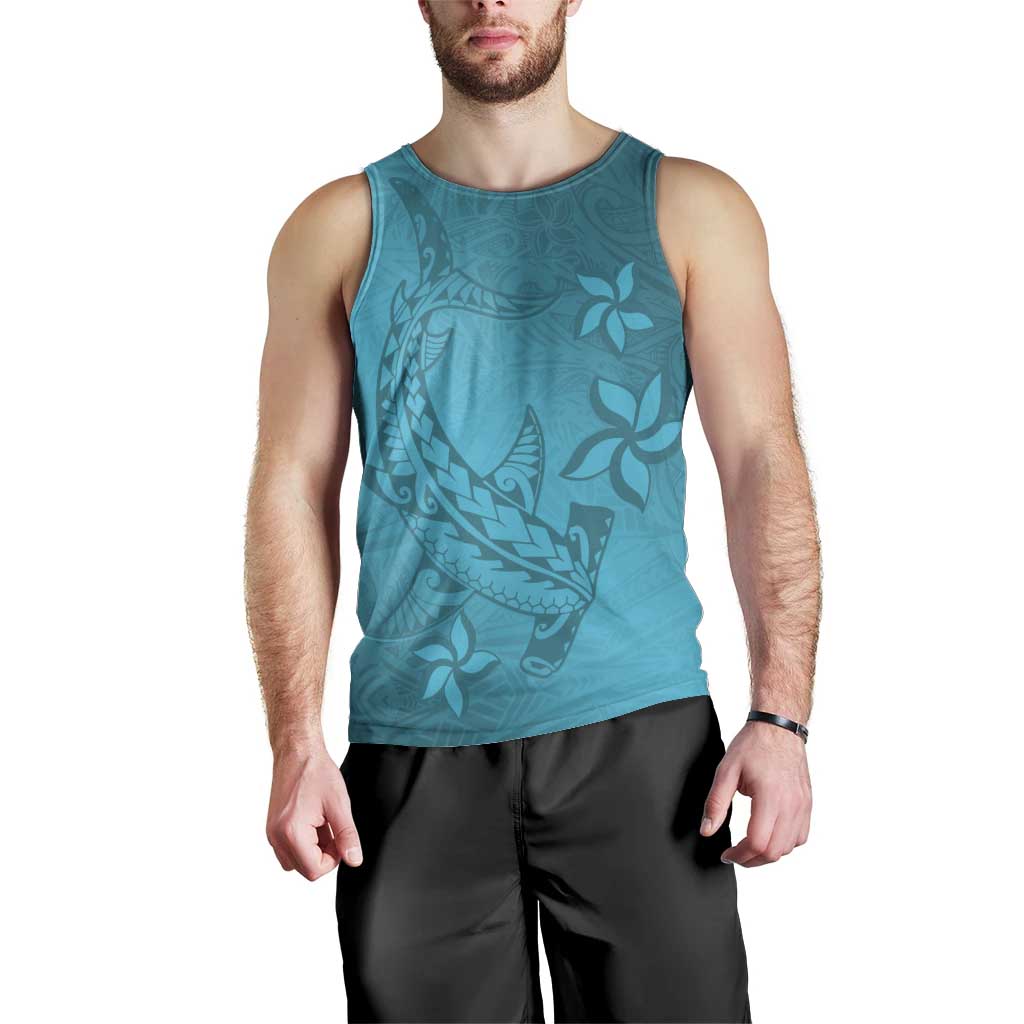 Dark Cyan Gradient Polynesia Men Tank Top Hawaiian Tribal Hammerhead Shark Tattoo
