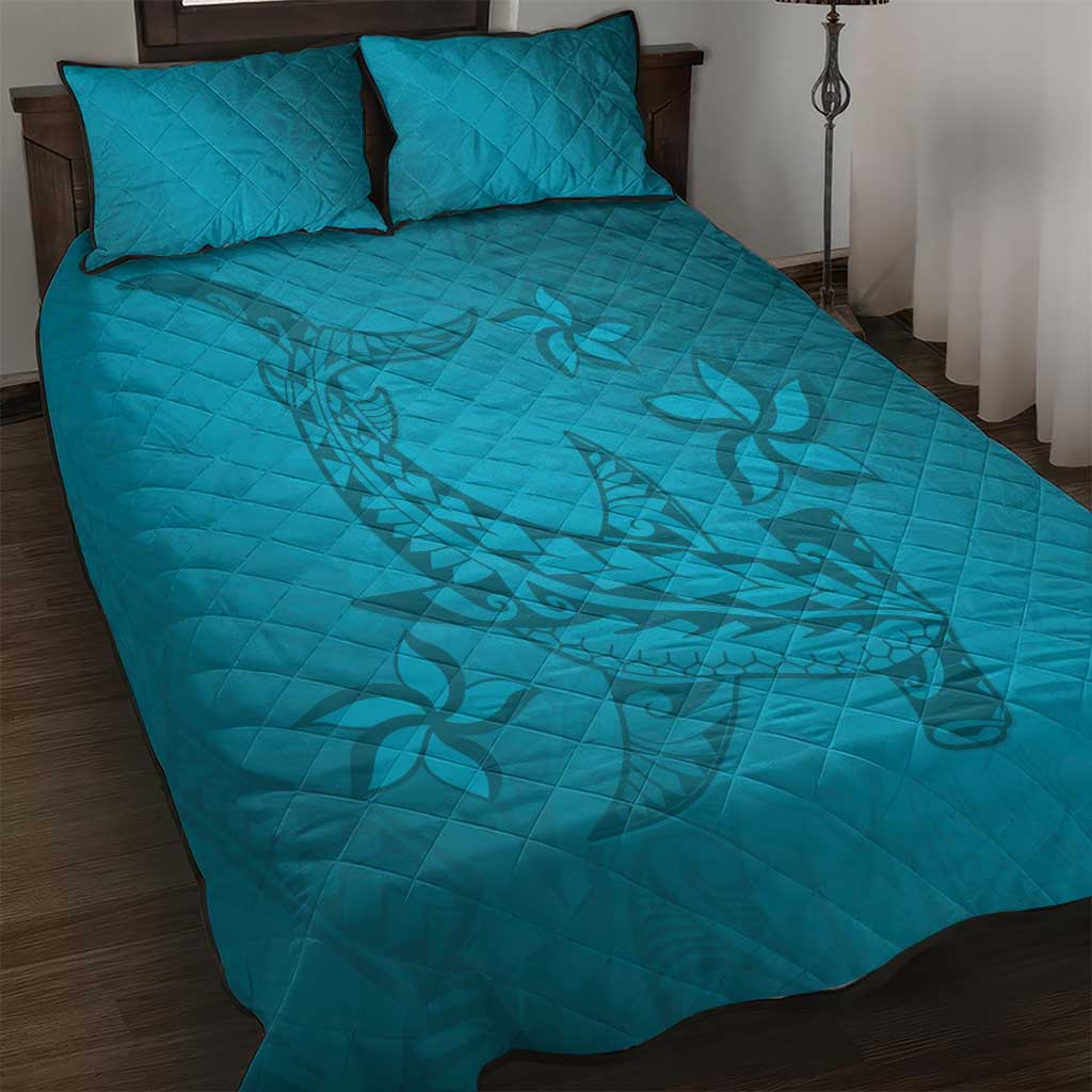 Dark Cyan Gradient Polynesia Quilt Bed Set Hawaiian Tribal Hammerhead Shark Tattoo LT14 Dark Cyan - Polynesian Pride