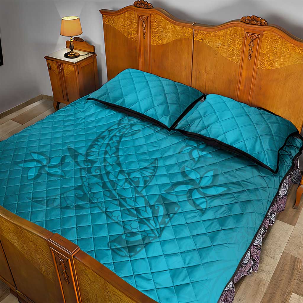 Dark Cyan Gradient Polynesia Quilt Bed Set Hawaiian Tribal Hammerhead Shark Tattoo LT14 - Polynesian Pride
