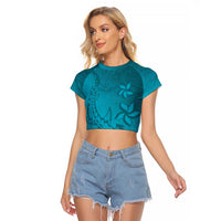 Dark Cyan Gradient Polynesia Raglan Cropped T Shirt Hawaiian Tribal Hammerhead Shark Tattoo