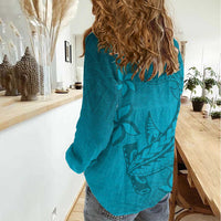 Dark Cyan Gradient Polynesia Women Casual Shirt Hawaiian Tribal Hammerhead Shark Tattoo