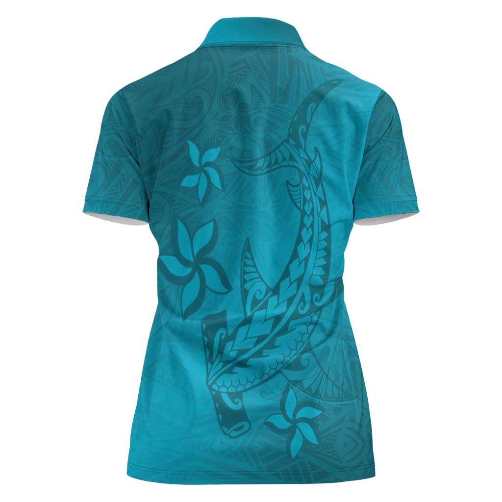 Dark Cyan Gradient Polynesia Women Polo Shirt Hawaiian Tribal Hammerhead Shark Tattoo