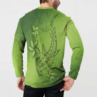 Green Gradient Polynesia Button Sweatshirt Hawaiian Tribal Hammerhead Shark Tattoo
