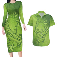 Green Gradient Polynesia Couples Matching Long Sleeve Bodycon Dress and Hawaiian Shirt Hawaiian Tribal Hammerhead Shark Tattoo LT14 Green - Polynesian Pride